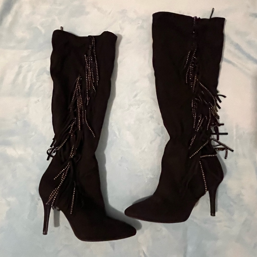 RARE sold out ZARA knee high suede heel boots with rhinestone sparkly fringe EUC